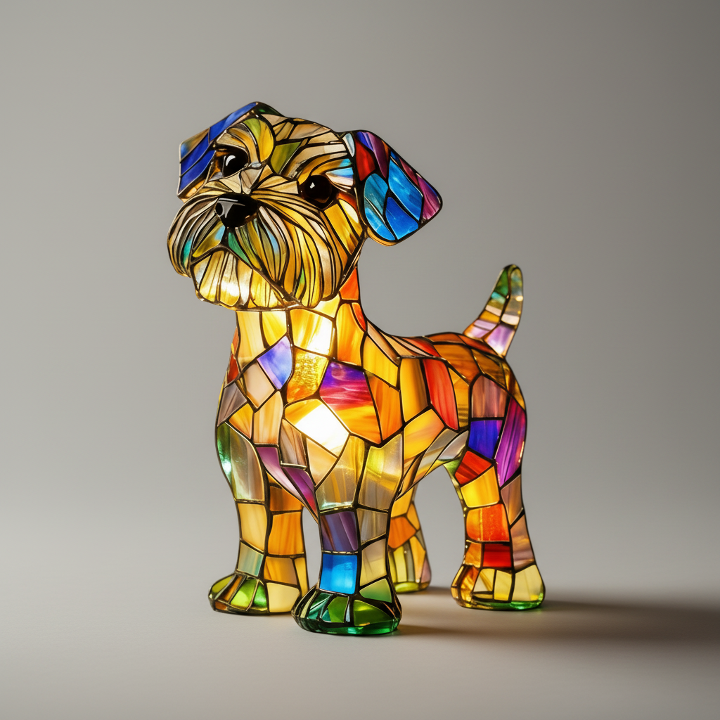 Lampka nocna LED w formie figurki psa z żywicznego szkła witrażowego, lampka stołowa