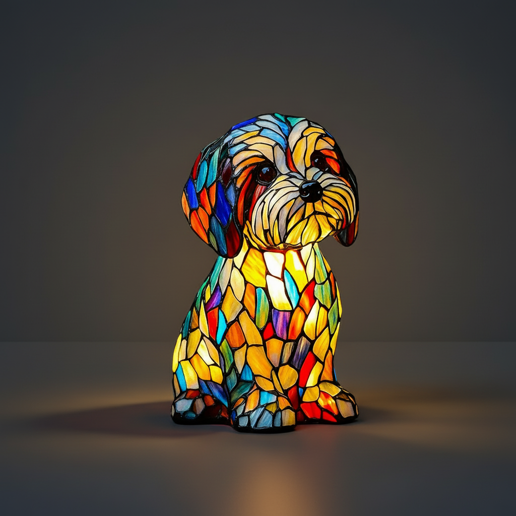 Lampka nocna LED w formie figurki psa z żywicznego szkła witrażowego, lampka stołowa