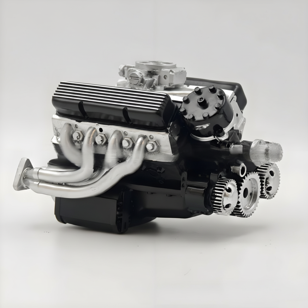 Plně sestavený model benzinového motoru V8 — miniaturní model s propracovanými detaily