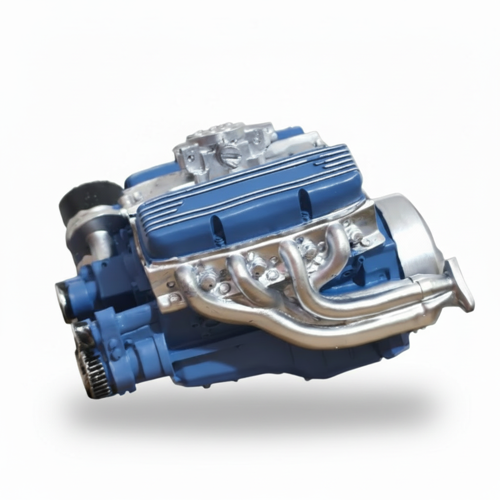 Plně sestavený model benzinového motoru V8 — miniaturní model s propracovanými detaily