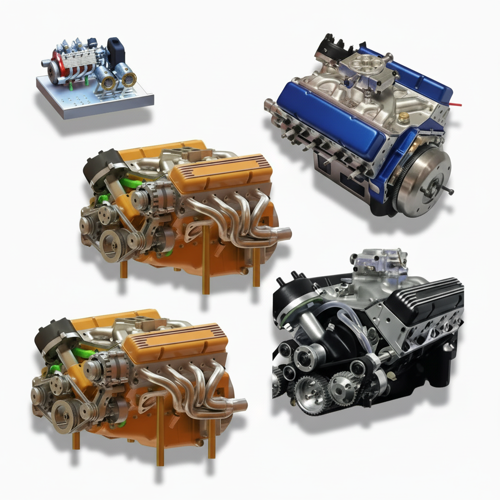Plně sestavený model benzinového motoru V8 — miniaturní model s propracovanými detaily