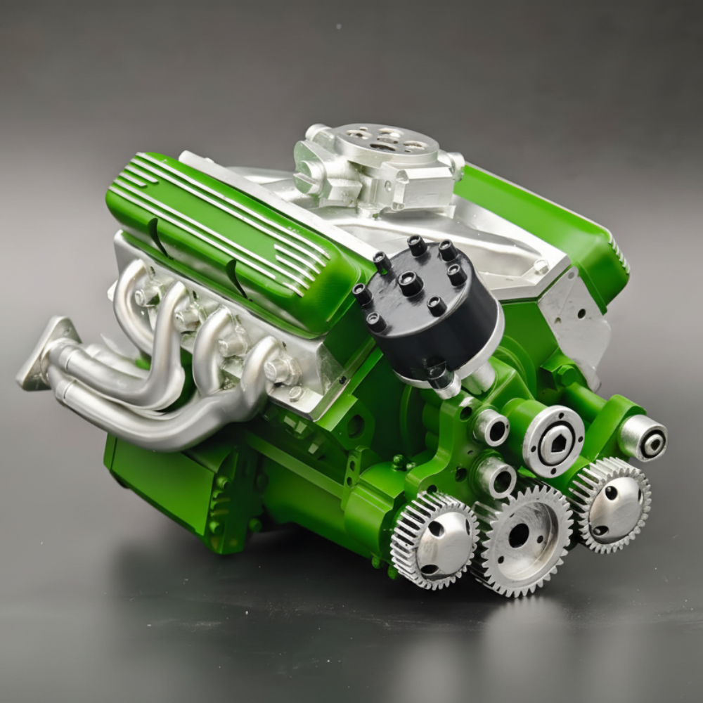 Plně sestavený model benzinového motoru V8 — miniaturní model s propracovanými detaily