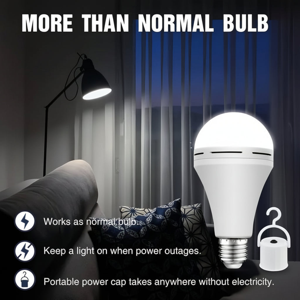 Rechargeable LED Bulb — Built-In Battery, Automatic Power Outage Backup, Standard 110V Charging