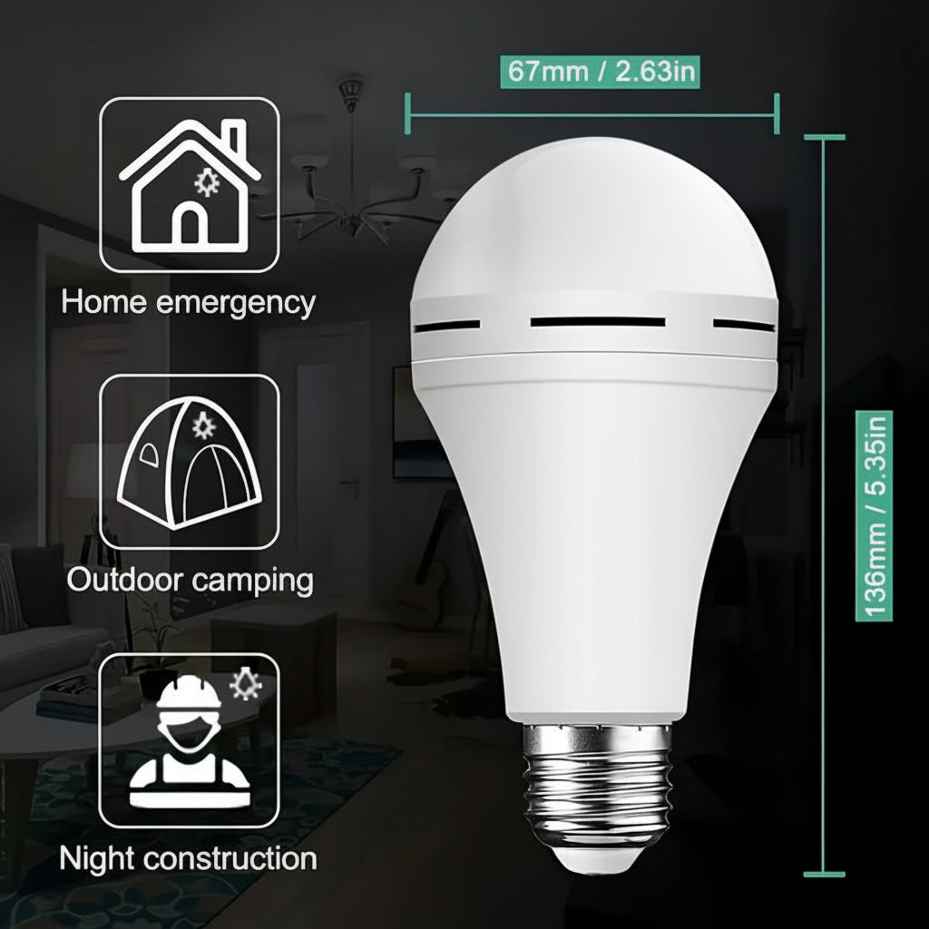Rechargeable LED Bulb — Built-In Battery, Automatic Power Outage Backup, Standard 110V Charging