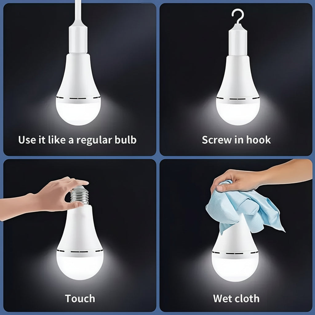 Rechargeable LED Bulb — Built-In Battery, Automatic Power Outage Backup, Standard 110V Charging