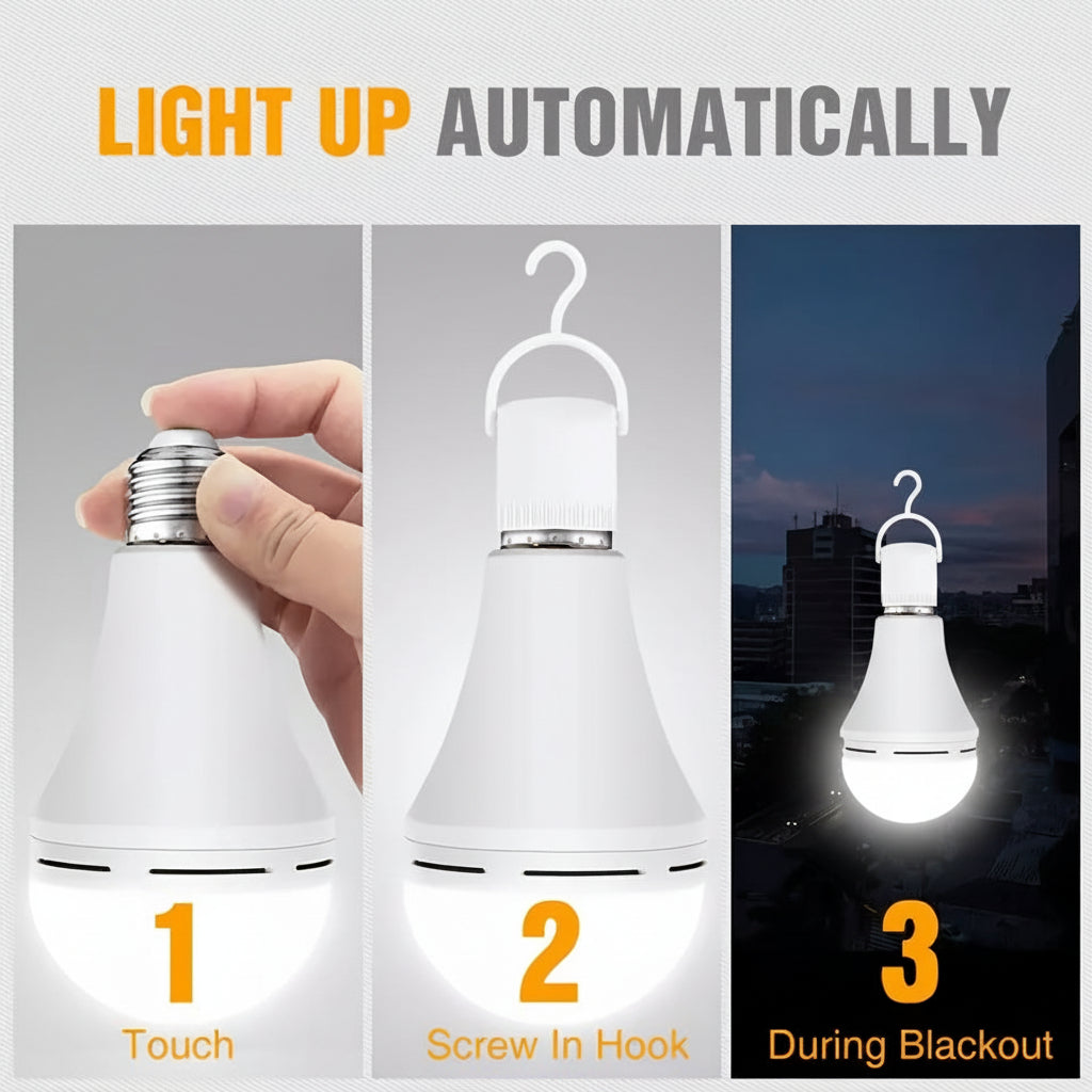 Rechargeable LED Bulb — Built-In Battery, Automatic Power Outage Backup, Standard 110V Charging