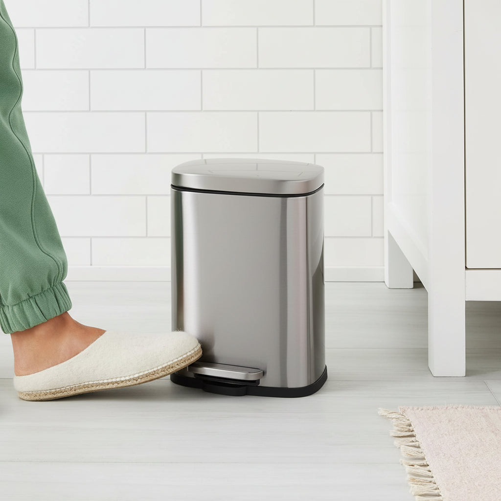 Trash Can Small Bathroom Stainless Steel Soft Close Pedal Bin | Meowbutter
