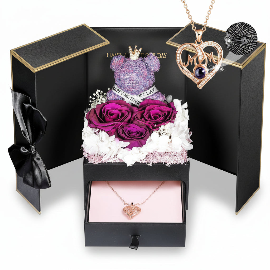 Geschenkbox mit konservierter Rose – Herzeinsatz zur Präsentation und versteckter Halskette