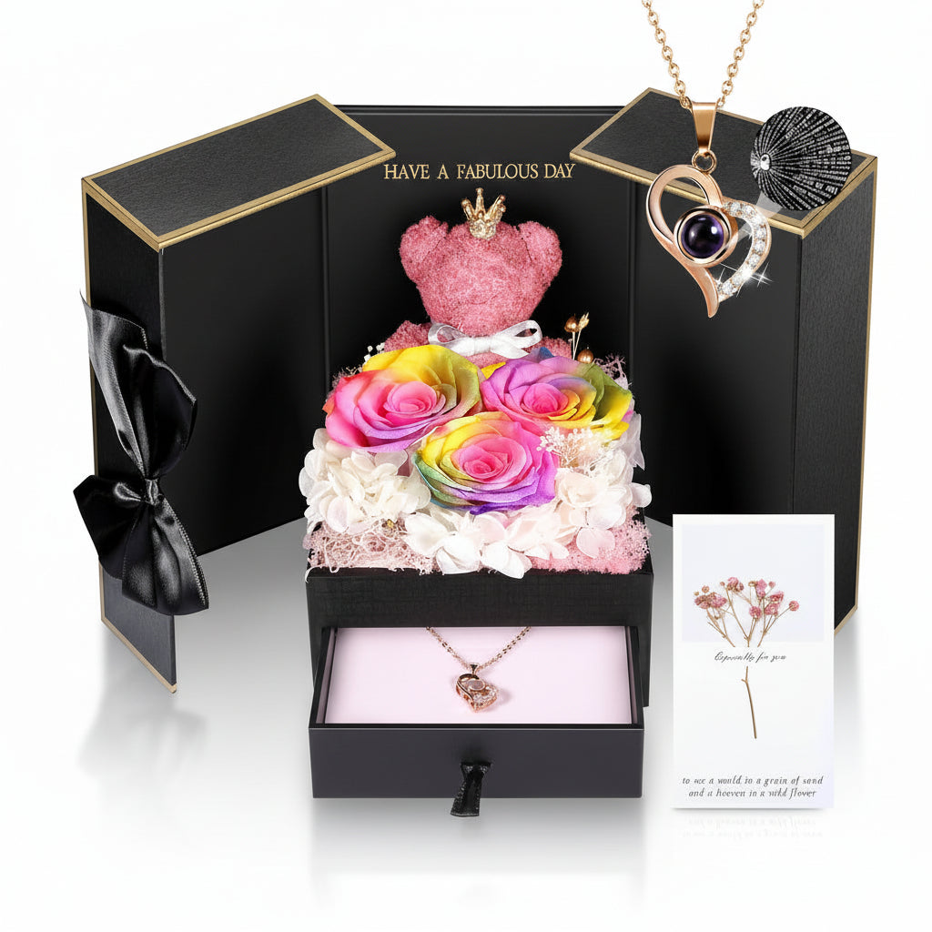 Geschenkbox mit konservierter Rose – Herzeinsatz zur Präsentation und versteckter Halskette