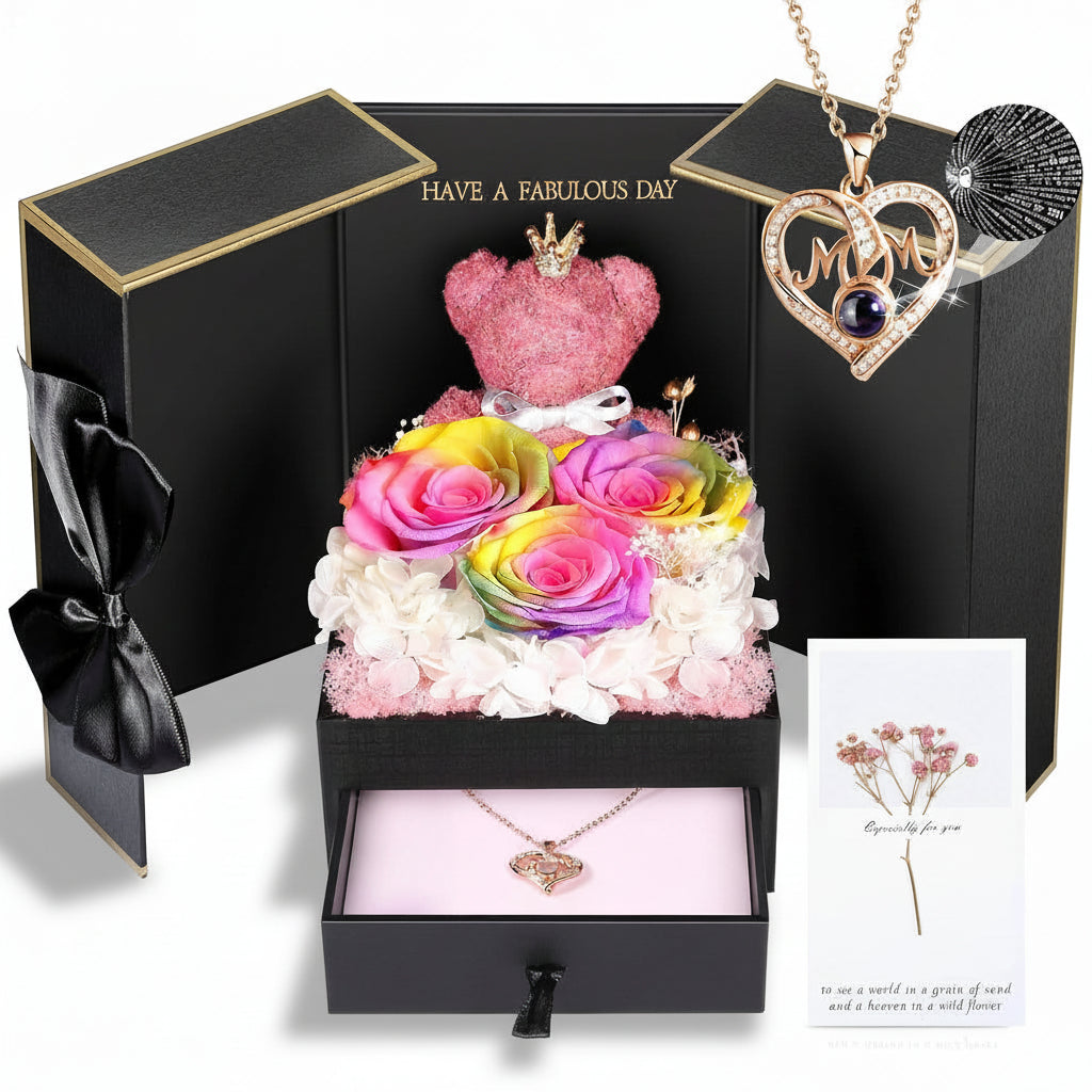 Geschenkbox mit konservierter Rose – Herzeinsatz zur Präsentation und versteckter Halskette