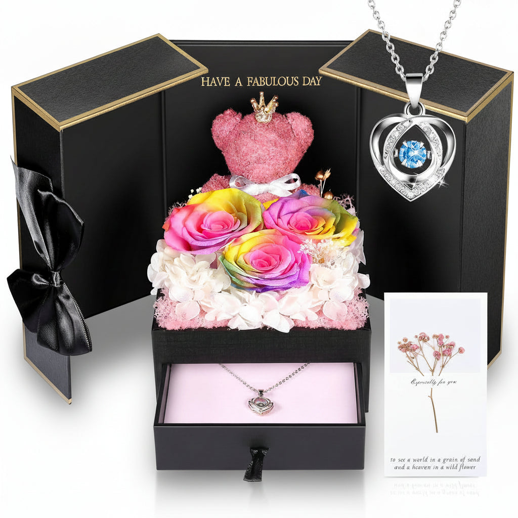 Geschenkbox mit konservierter Rose – Herzeinsatz zur Präsentation und versteckter Halskette