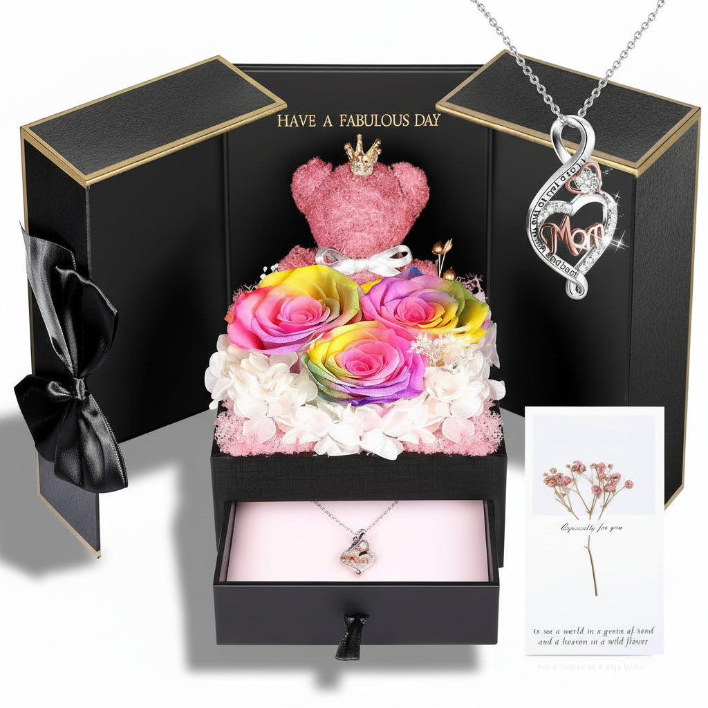 Geschenkbox mit konservierter Rose – Herzeinsatz zur Präsentation und versteckter Halskette