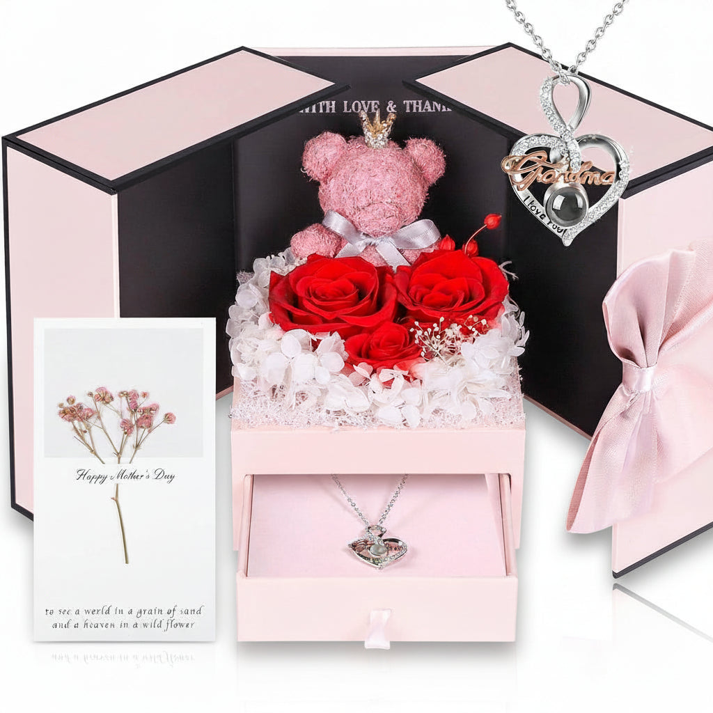 Geschenkbox mit konservierter Rose – Herzeinsatz zur Präsentation und versteckter Halskette