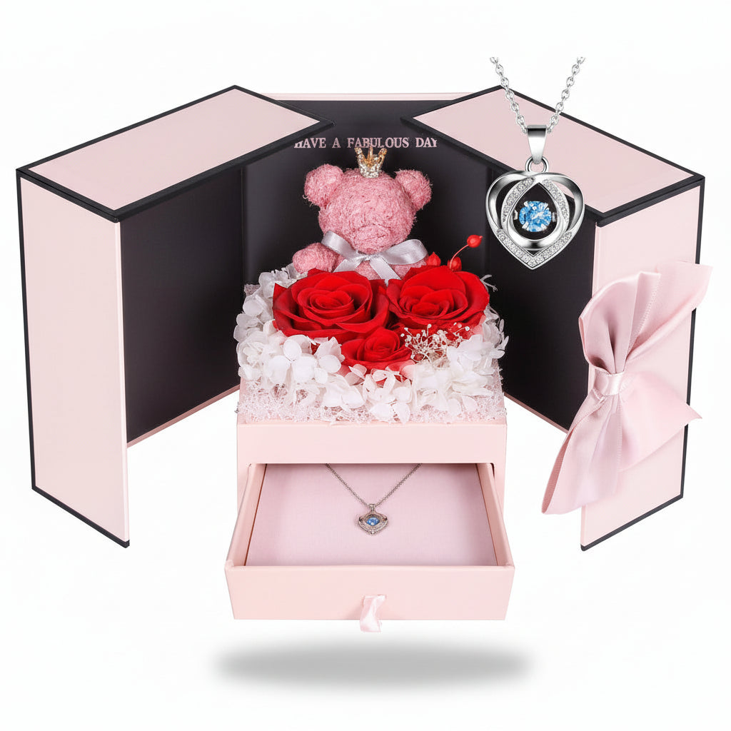 Geschenkbox mit konservierter Rose – Herzeinsatz zur Präsentation und versteckter Halskette