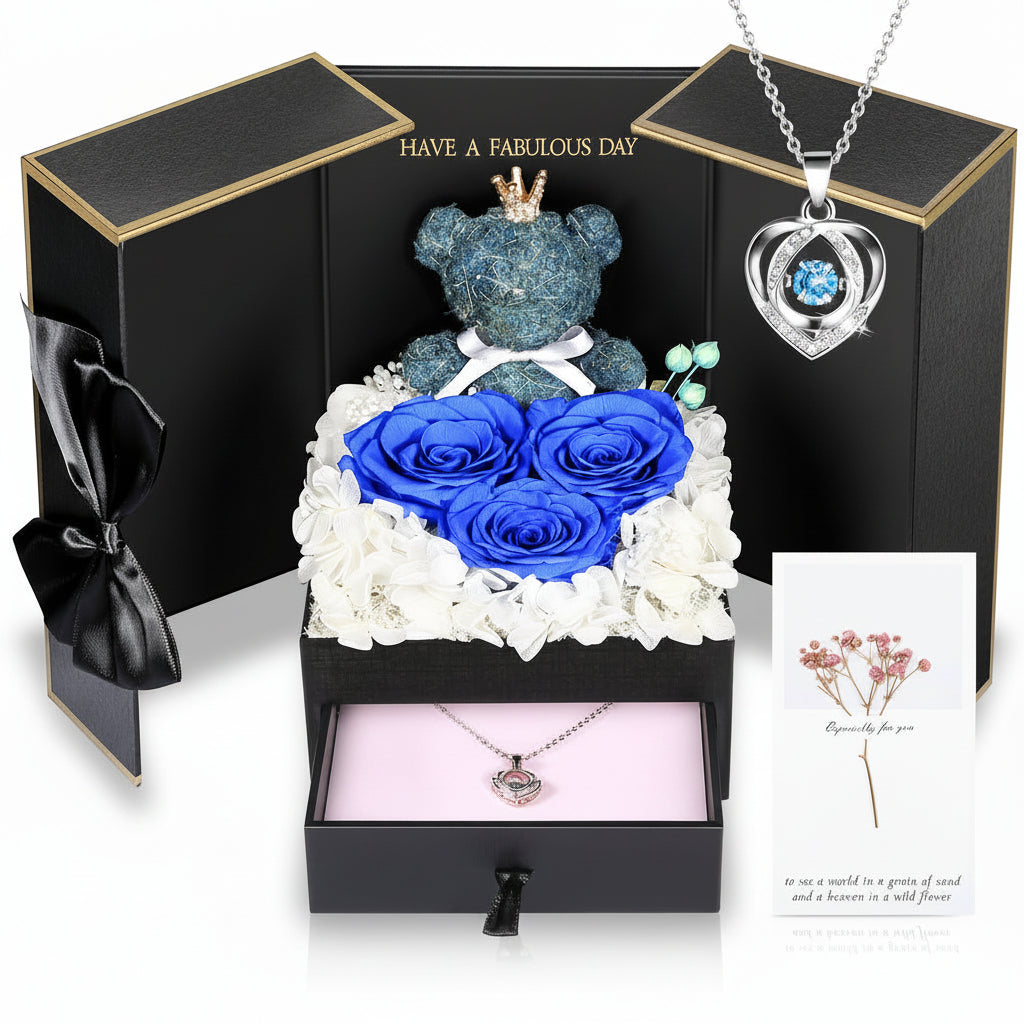 Geschenkbox mit konservierter Rose – Herzeinsatz zur Präsentation und versteckter Halskette