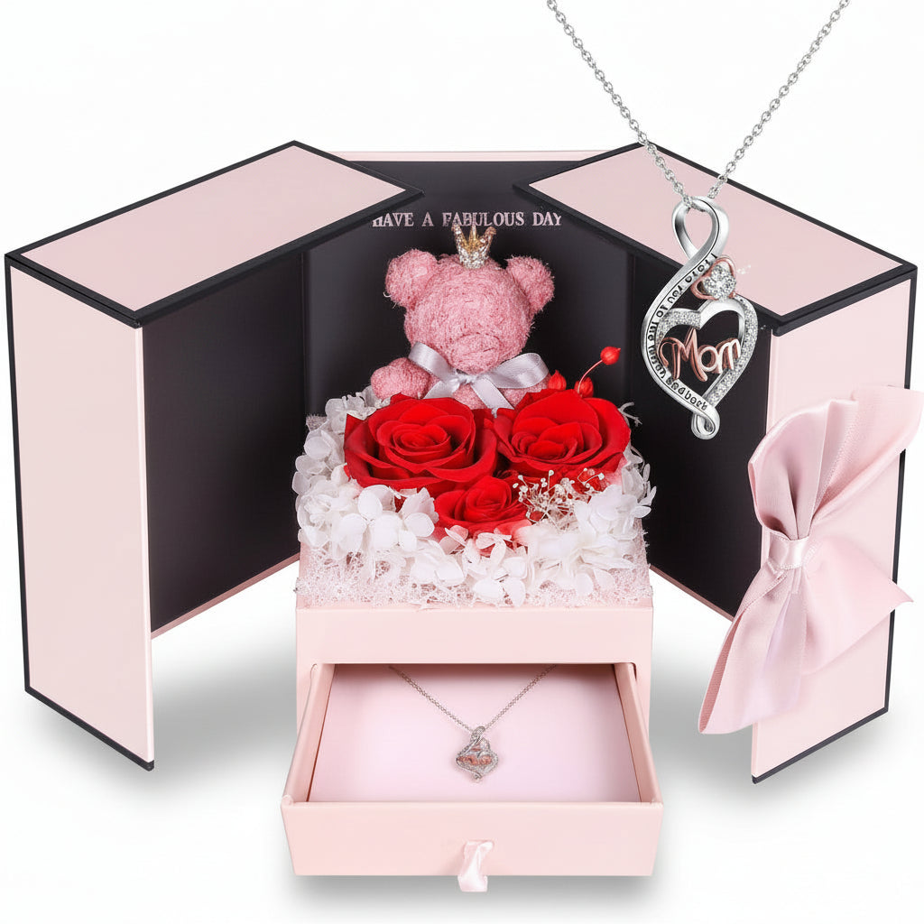 Geschenkbox mit konservierter Rose – Herzeinsatz zur Präsentation und versteckter Halskette