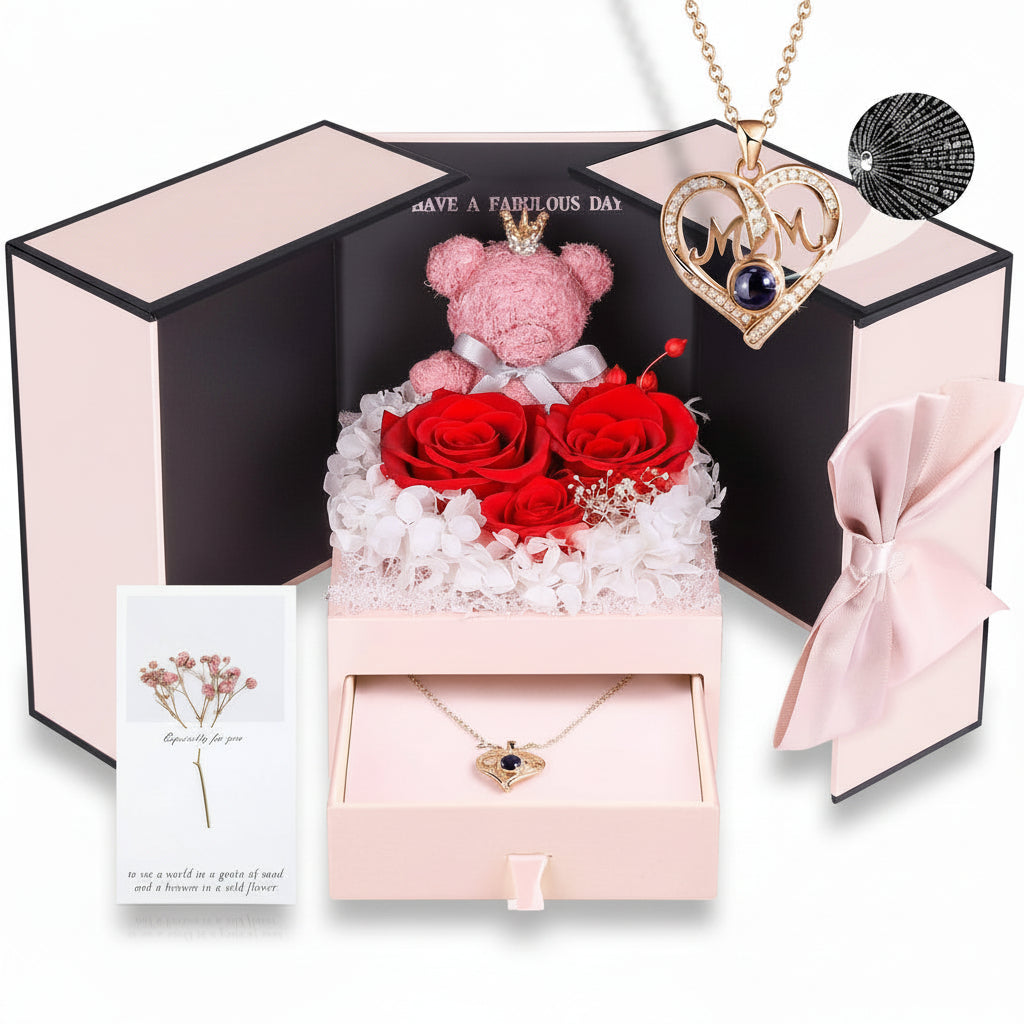 Geschenkbox mit konservierter Rose – Herzeinsatz zur Präsentation und versteckter Halskette