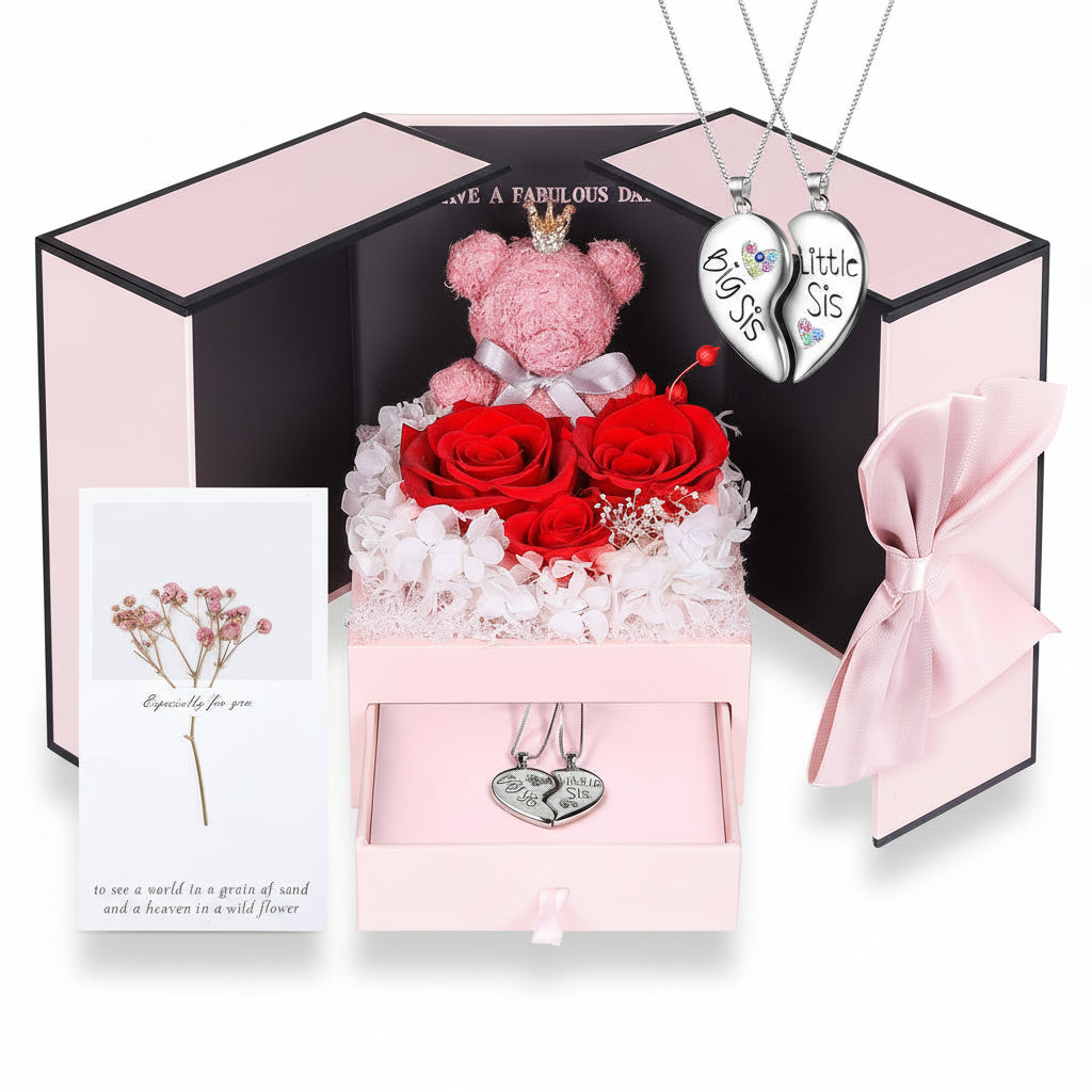 Geschenkbox mit konservierter Rose – Herzeinsatz zur Präsentation und versteckter Halskette