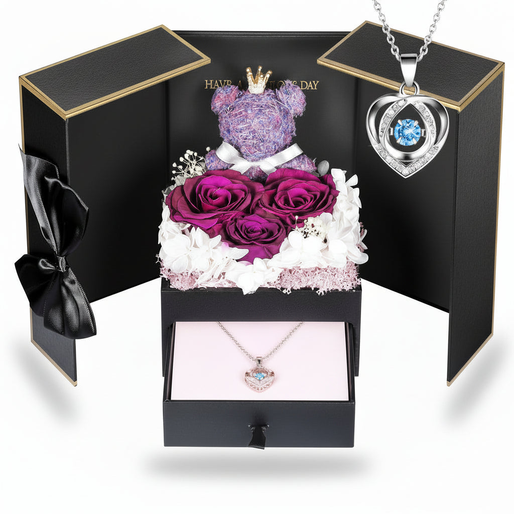 Geschenkbox mit konservierter Rose – Herzeinsatz zur Präsentation und versteckter Halskette
