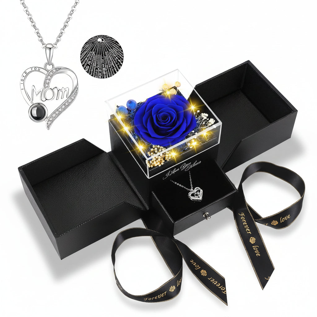 Preserved Rose LED Display Case — Battery-Powered Dome and Engraved Love Pendant Necklace