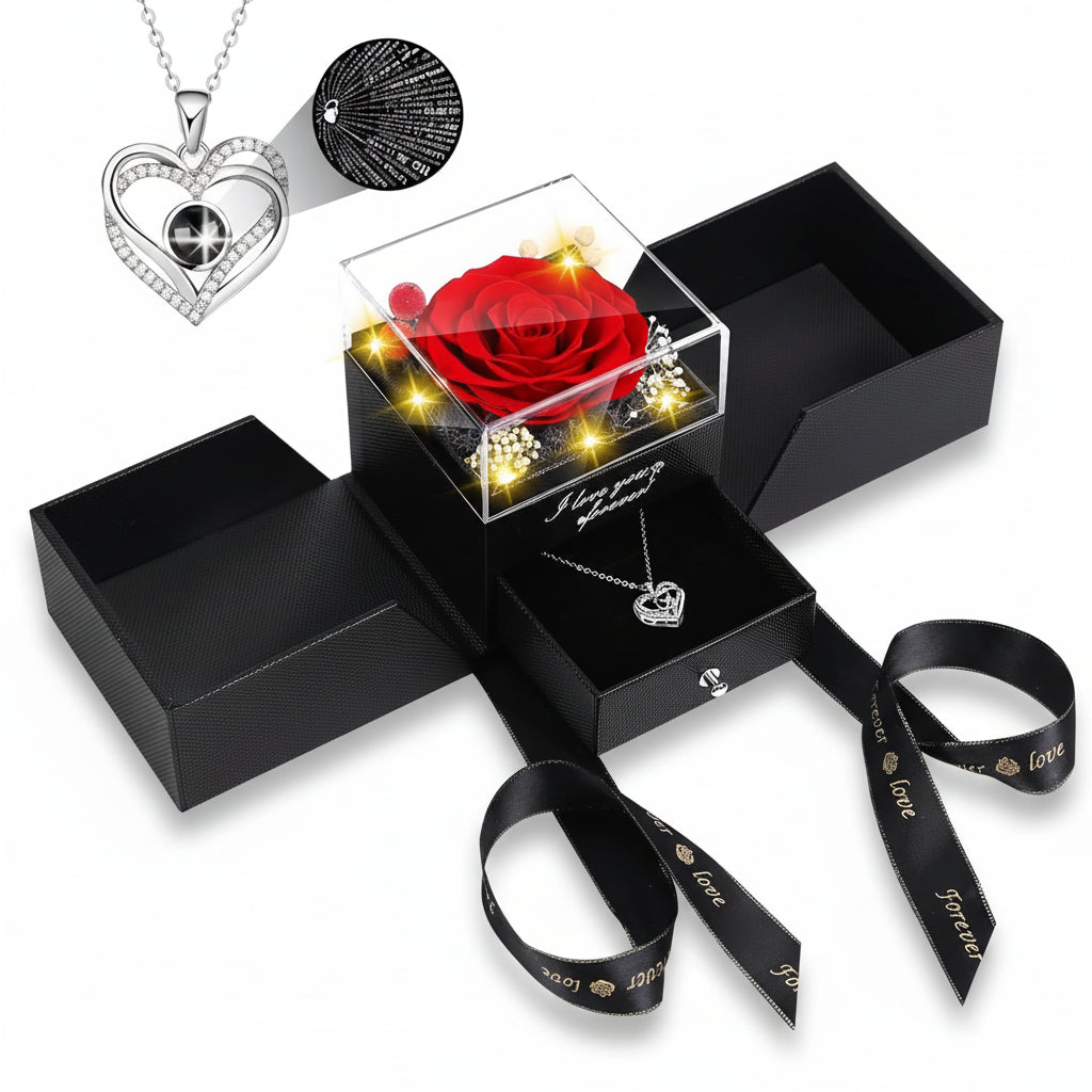 Preserved Rose LED Display Case — Battery-Powered Dome and Engraved Love Pendant Necklace
