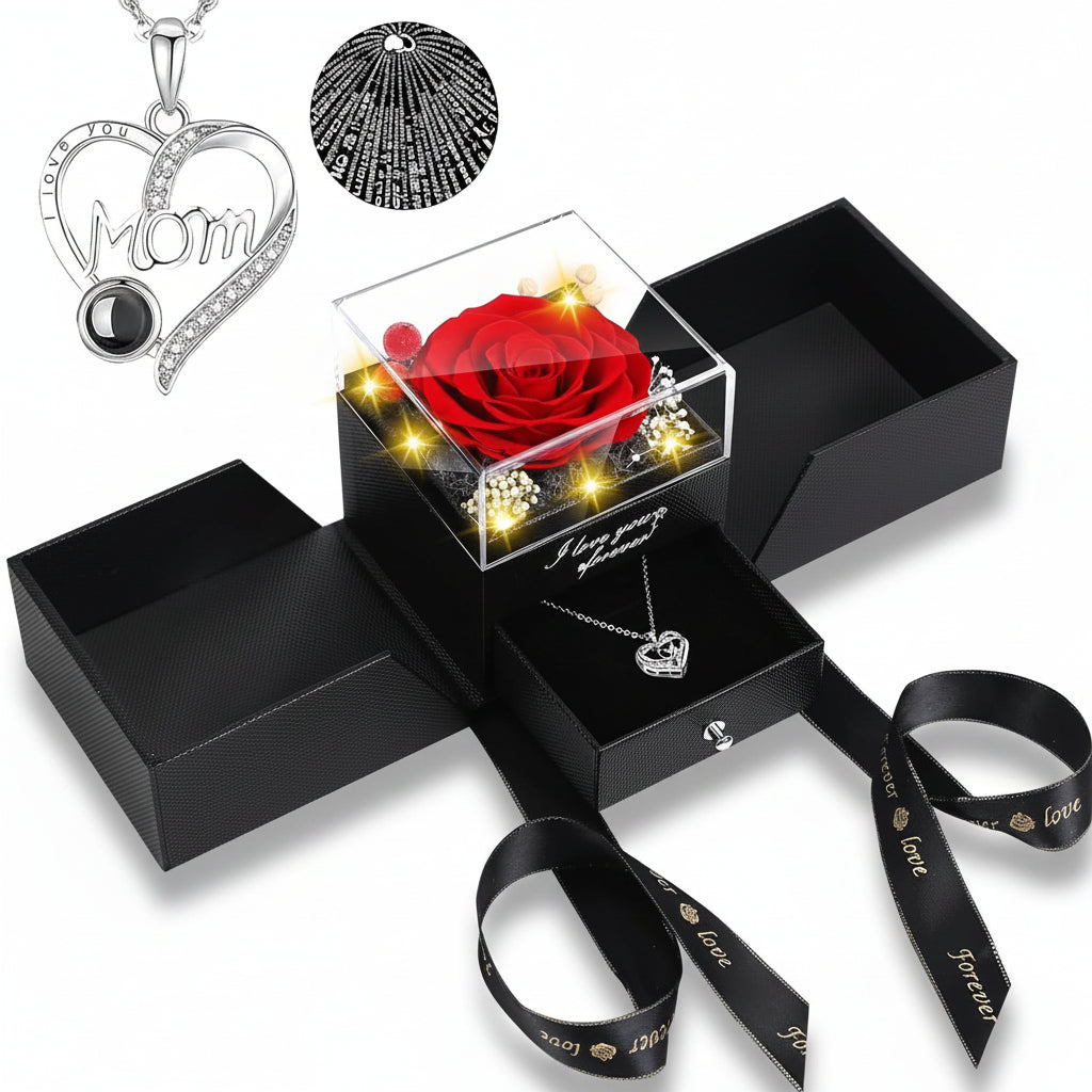 Preserved Rose LED Display Case — Battery-Powered Dome and Engraved Love Pendant Necklace