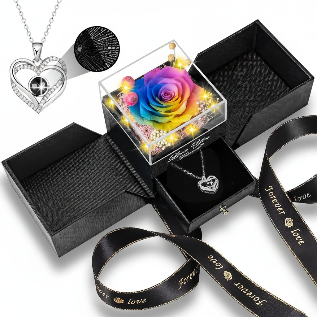 Preserved Rose LED Display Case — Battery-Powered Dome and Engraved Love Pendant Necklace