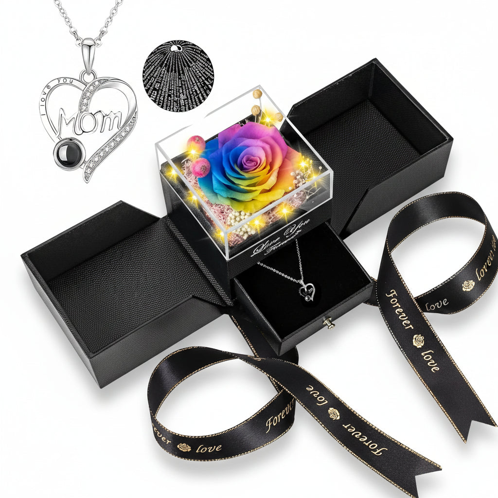 Preserved Rose LED Display Case — Battery-Powered Dome and Engraved Love Pendant Necklace