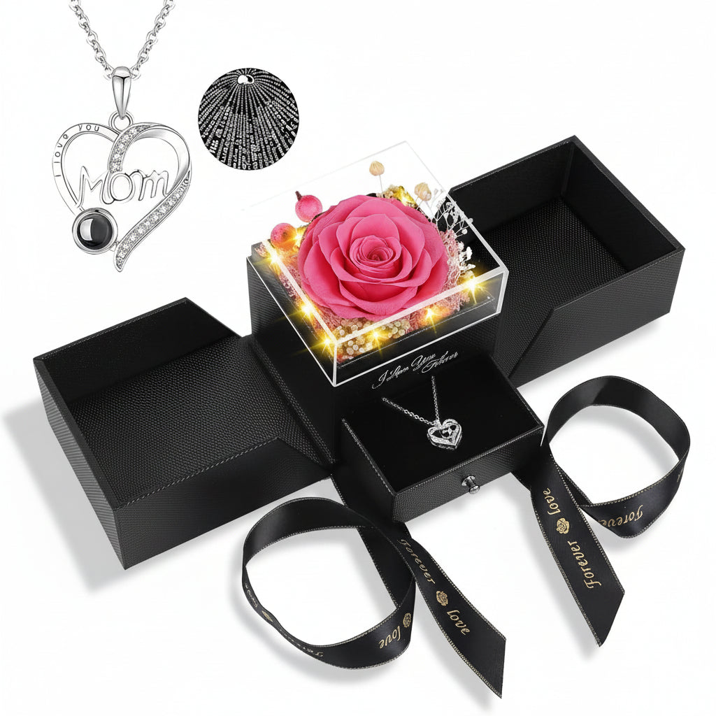 Preserved Rose LED Display Case — Battery-Powered Dome and Engraved Love Pendant Necklace