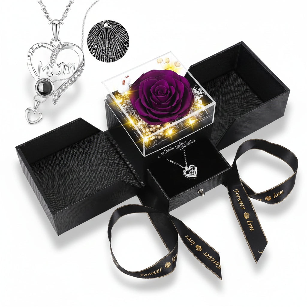 Preserved Rose LED Display Case — Battery-Powered Dome and Engraved Love Pendant Necklace