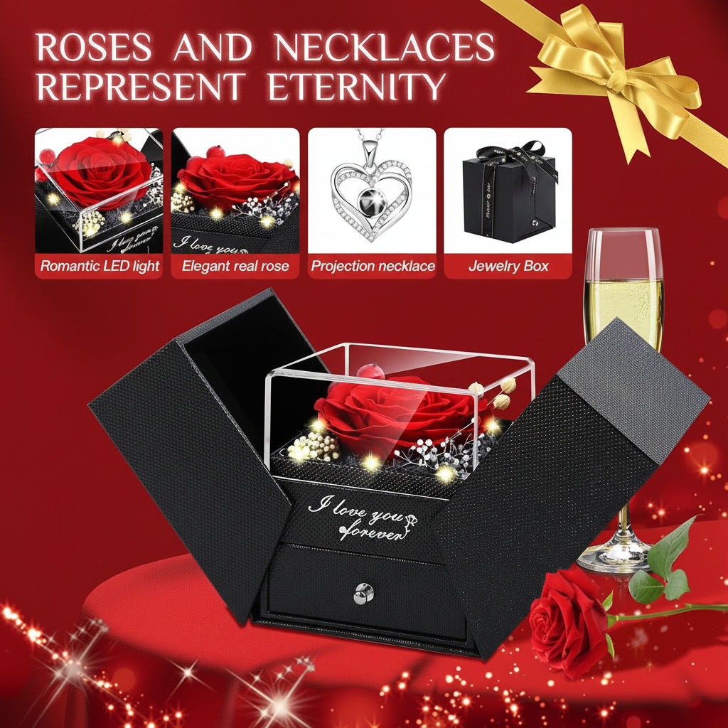 Preserved Rose LED Display Case — Battery-Powered Dome and Engraved Love Pendant Necklace