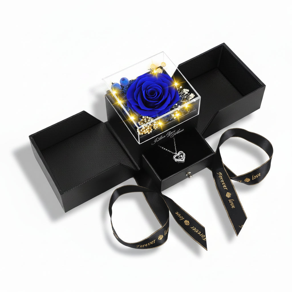 Preserved Rose LED Display Case — Battery-Powered Dome and Engraved Love Pendant Necklace