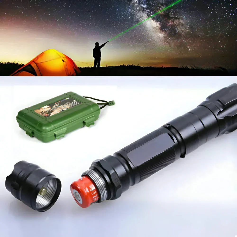 Green Laser Pointer — Rechargeable Battery, 2000m Range, 532nm Beam, Black Anodized Chassis
