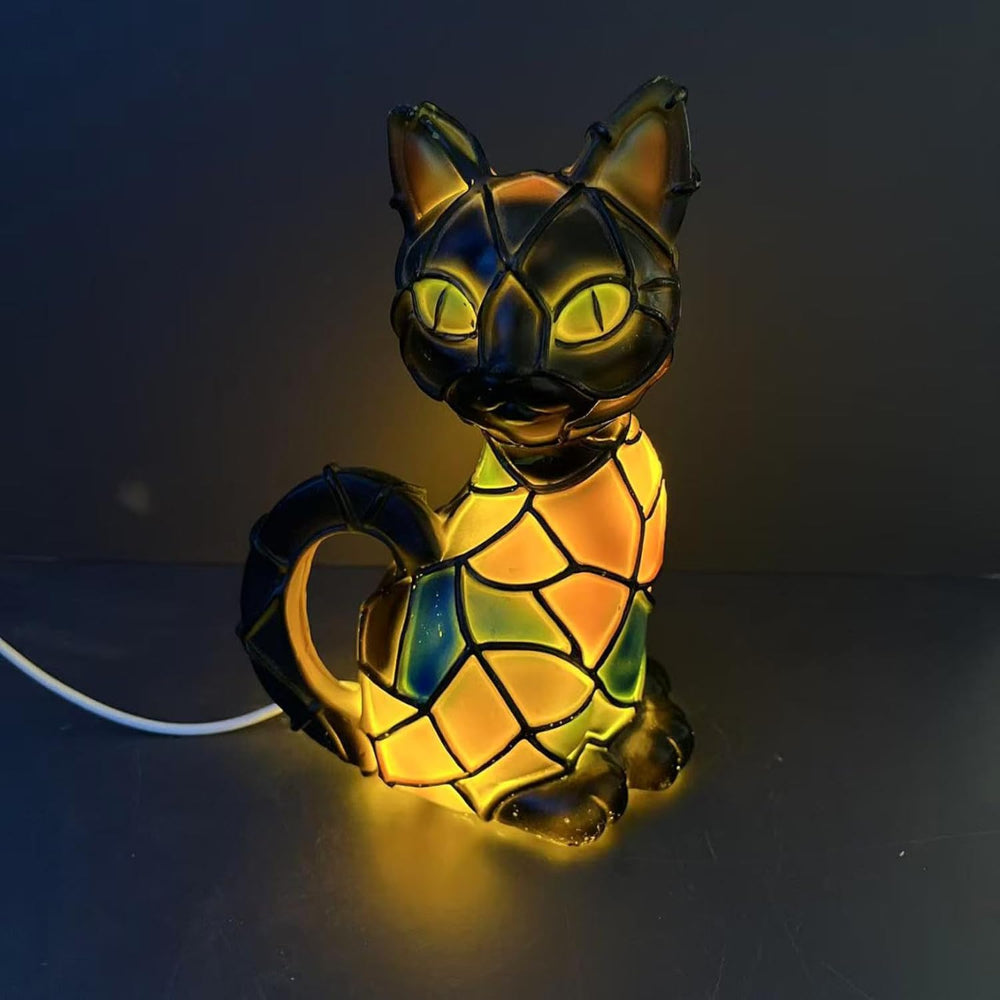 Tiffany Style Resin Cat Table Lamp — Warm Glow Accent Design