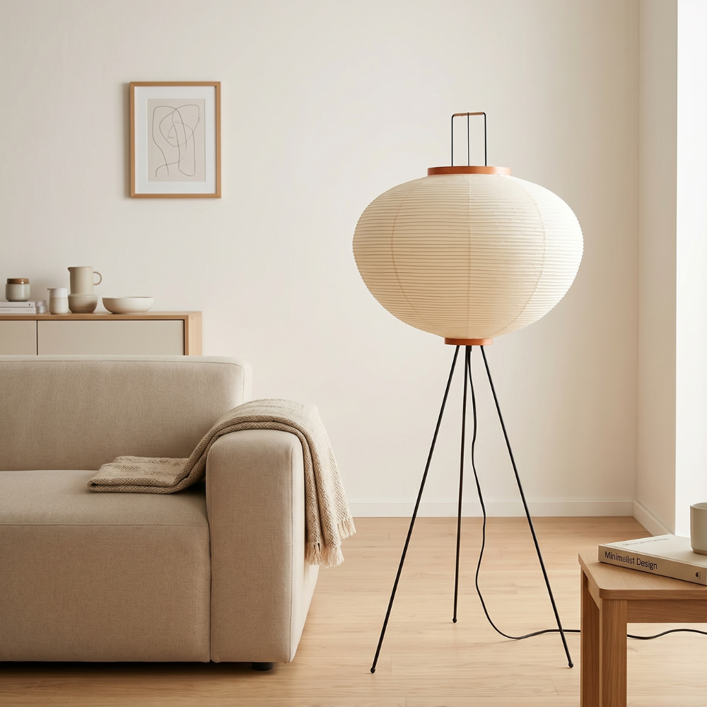 Hikari rispapirlampe på tripod til Japandi stue