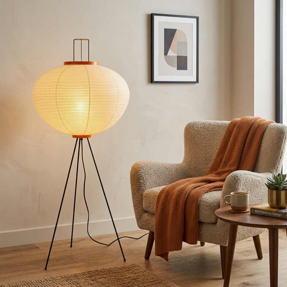 Hikari rispapirlampe på tripod til Japandi stue