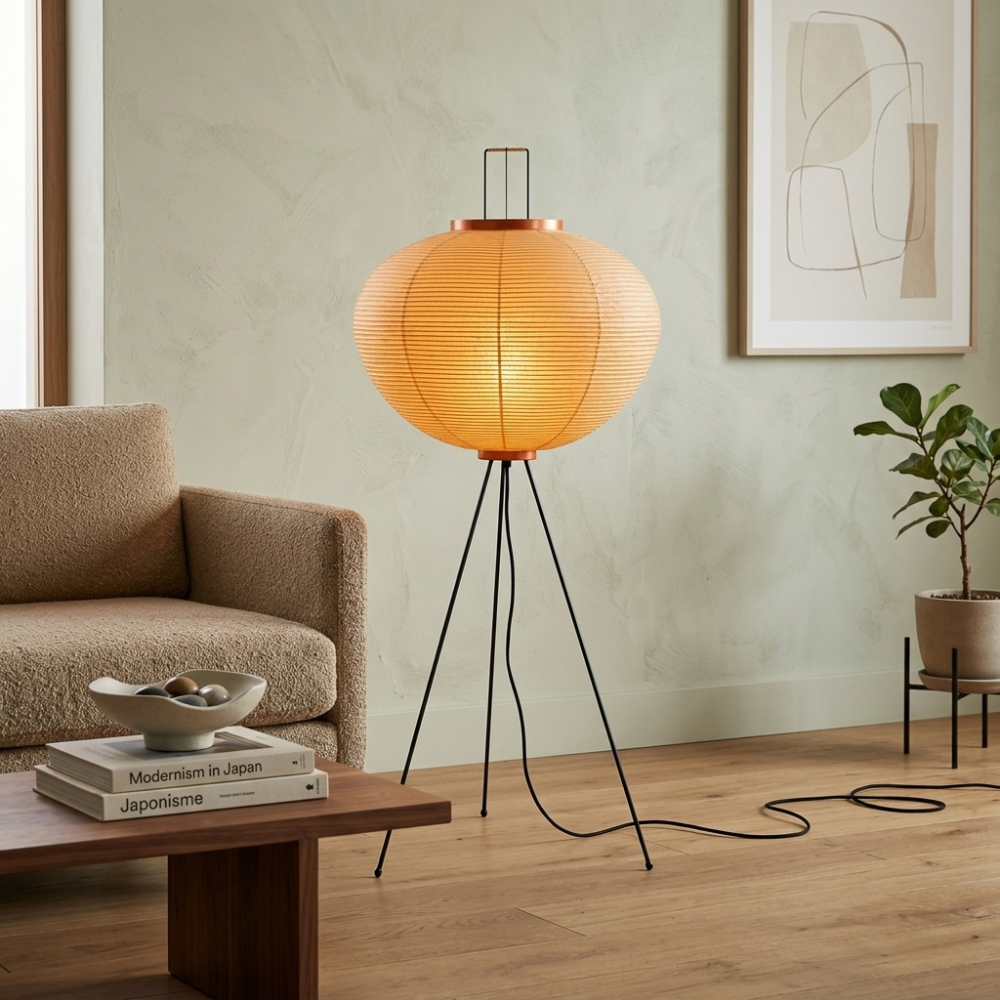 Hikari rispapirlampe på tripod til Japandi stue