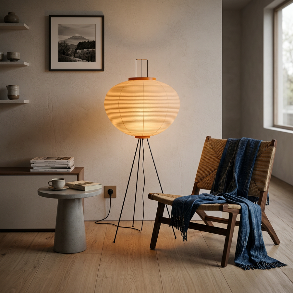 Hikari rispapirlampe på tripod til Japandi stue