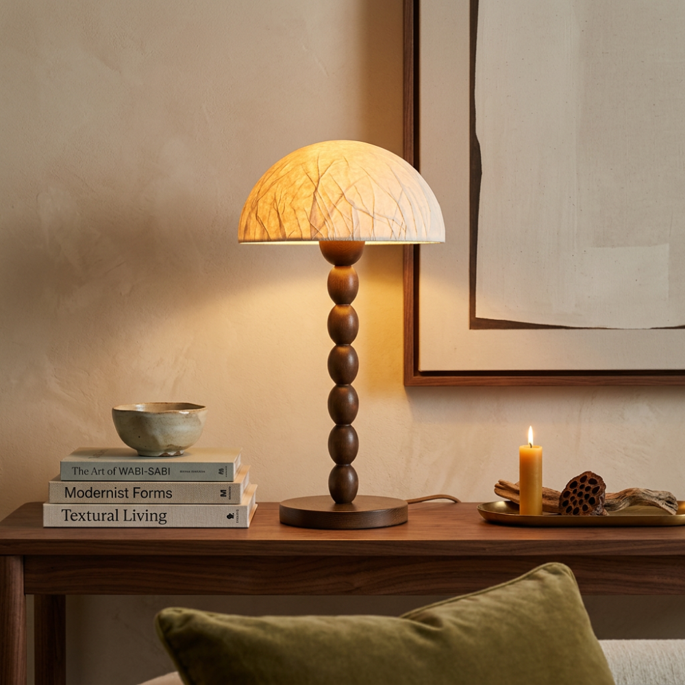 Japandi-Stil Reispapierlampe mit Perlenverziertem Walnussholzfuß und Kuppelschirm