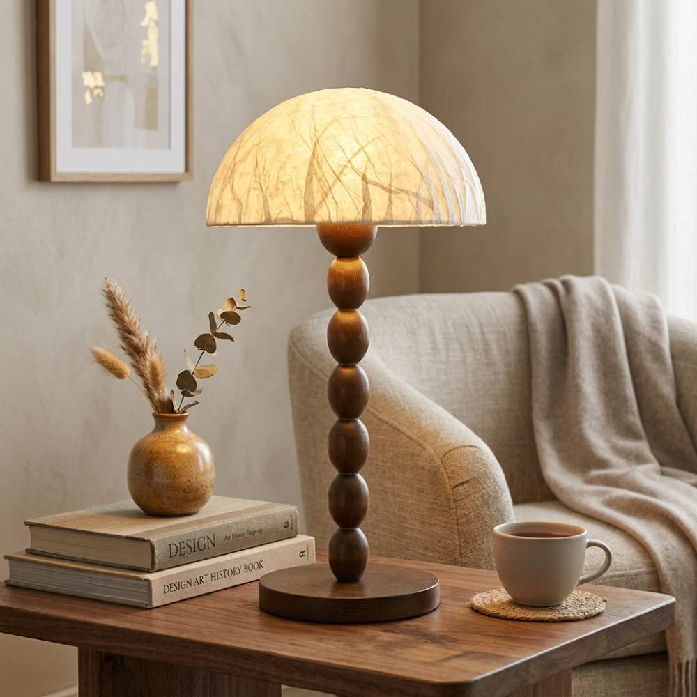 Japandi-Stil Reispapierlampe mit Perlenverziertem Walnussholzfuß und Kuppelschirm