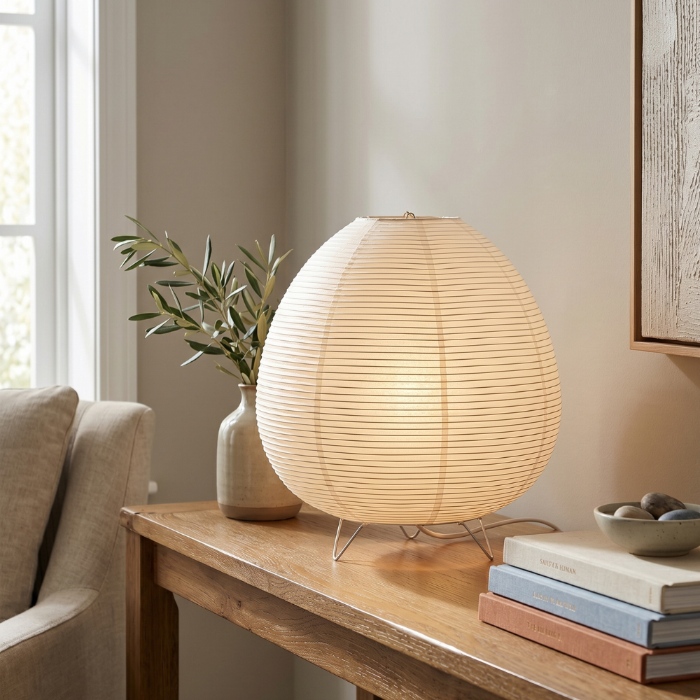 Japandi Rice Paper Tripod Bedside Table Lamp For Bedroom And Living Room