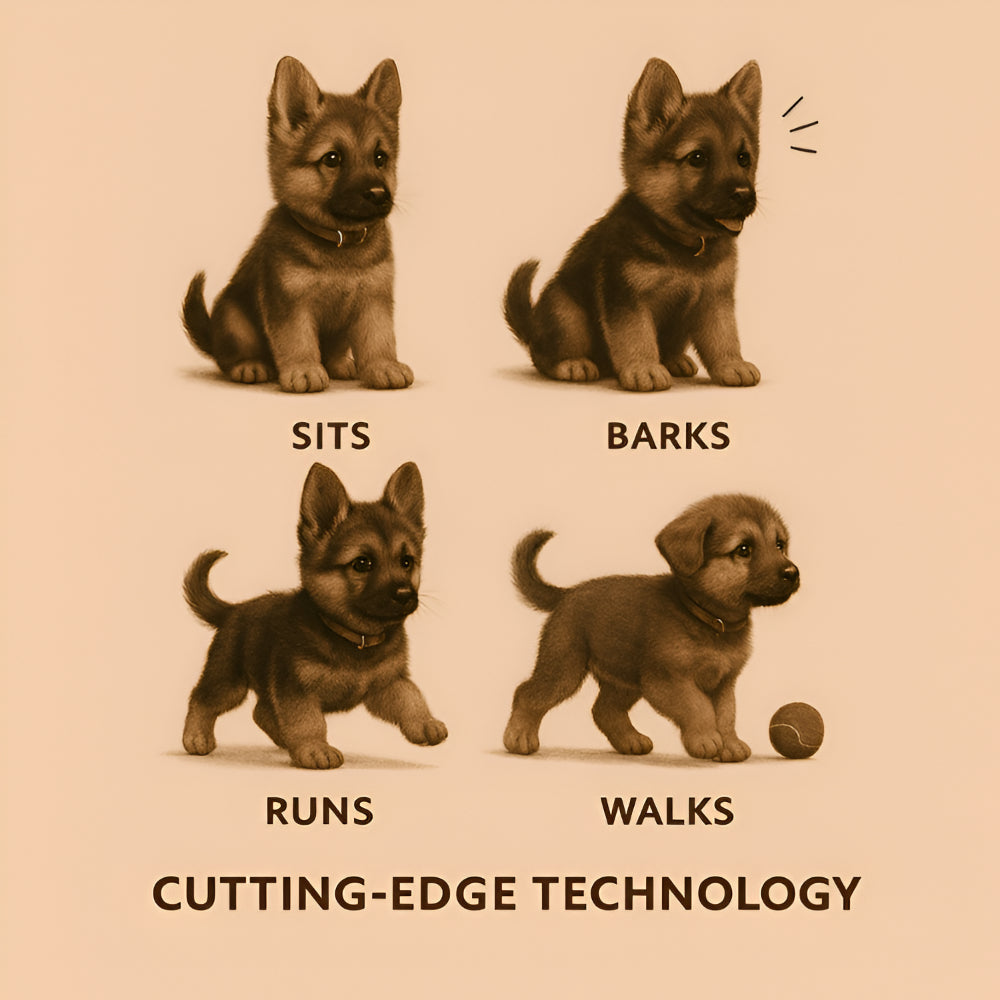 Interaktivní robotické štěně německého ovčáka – plyšový povrch, chůze, zvuk štěkotu