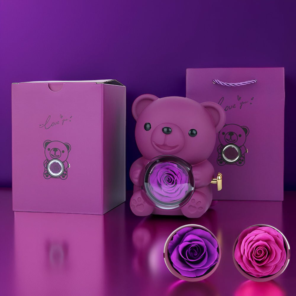 Gift Box Teddy Bear Preserved Rose Jewelry Display | Meowbutter