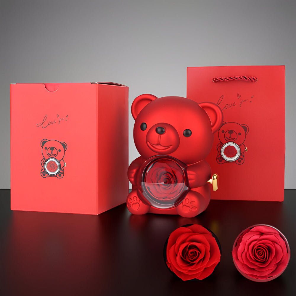 Gift Box Teddy Bear Preserved Rose Jewelry Display | Meowbutter