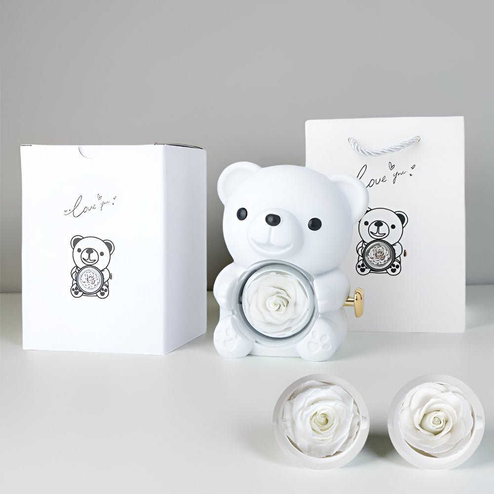 Gift Box Teddy Bear Preserved Rose Jewelry Display | Meowbutter