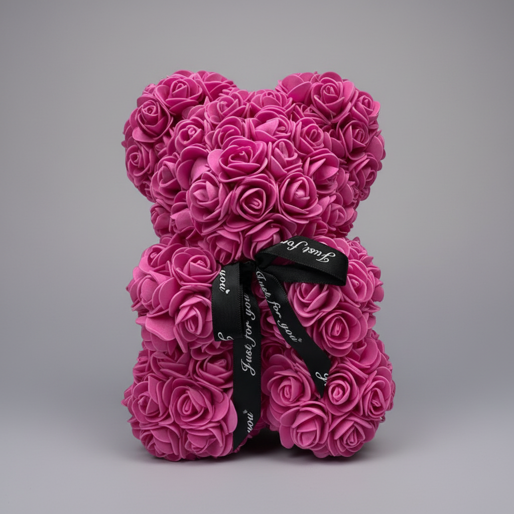 人造玫瑰花瓣泰迪熊毛绒摆件——高25cm，重140g