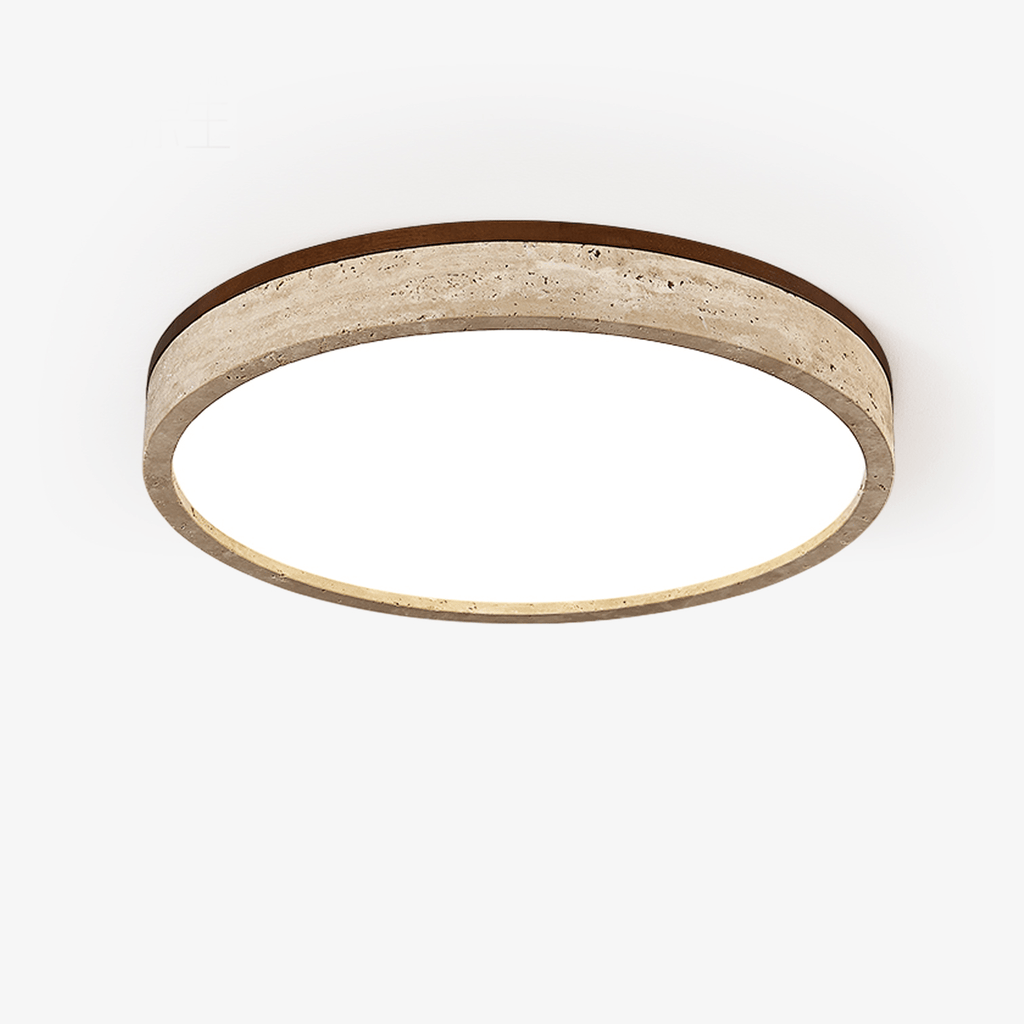 Rund LED-loftlampe med gul travertinramme til moderne rum