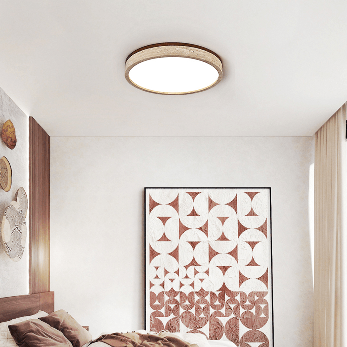 Rund LED-loftlampe med gul travertinramme til moderne rum