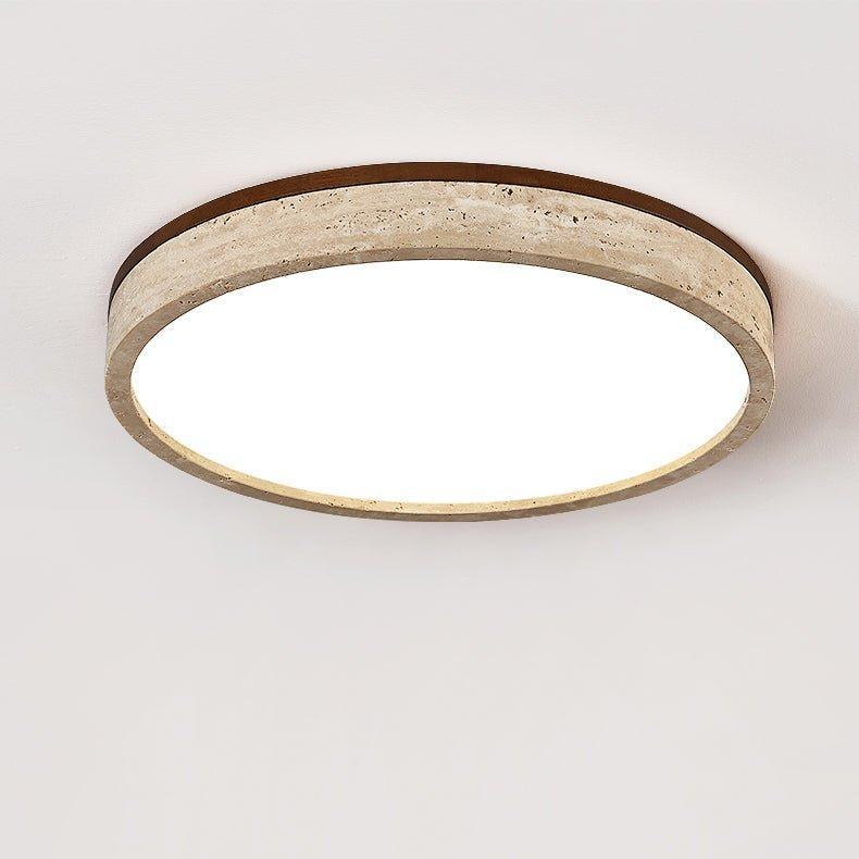 Rund LED-loftlampe med gul travertinramme til moderne rum