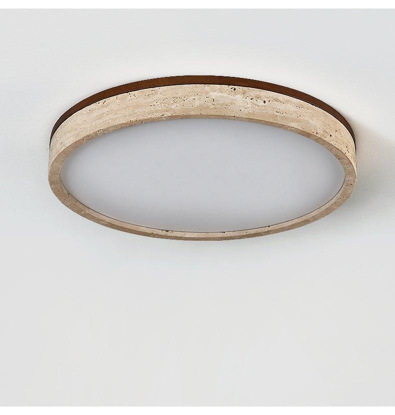 Rund LED-loftlampe med gul travertinramme til moderne rum